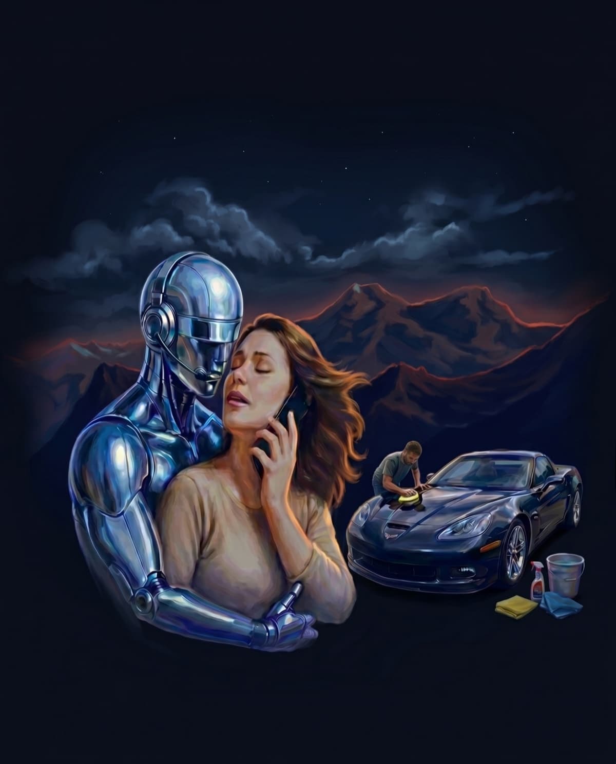 Retro illustration: the DetailFront robot takes a customer's call while the shop owner stays on the car