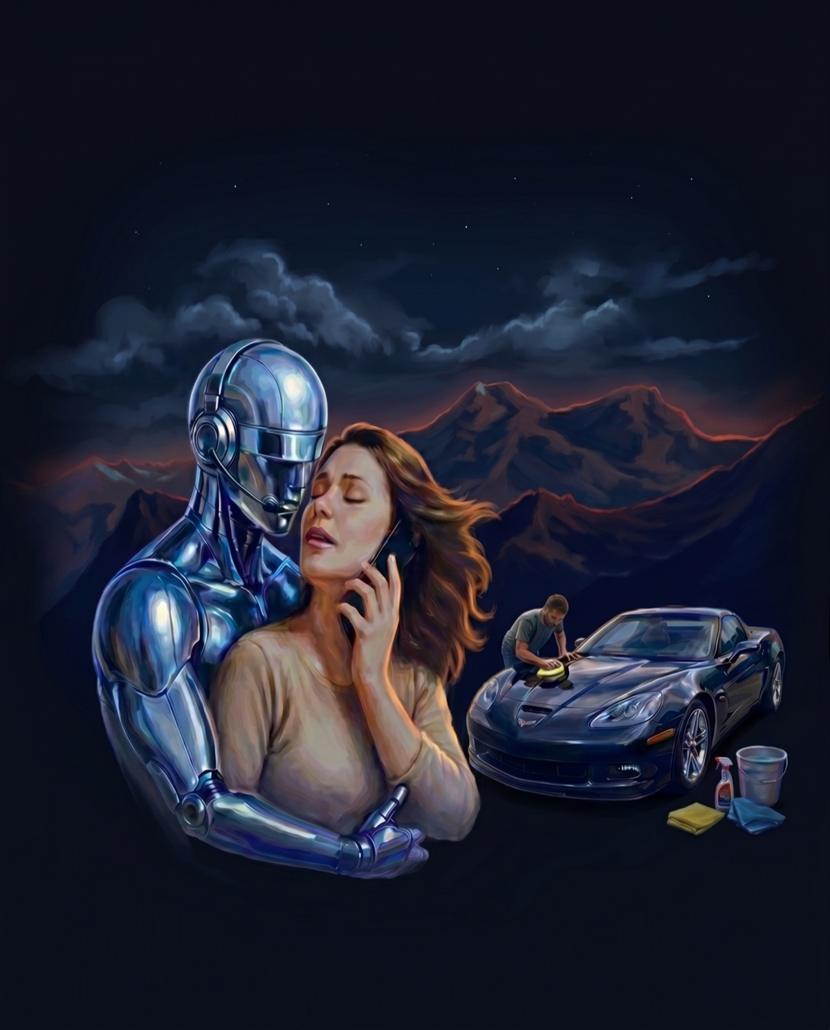 Retro illustration: the DetailFront robot takes a customer's call while the shop owner stays on the car