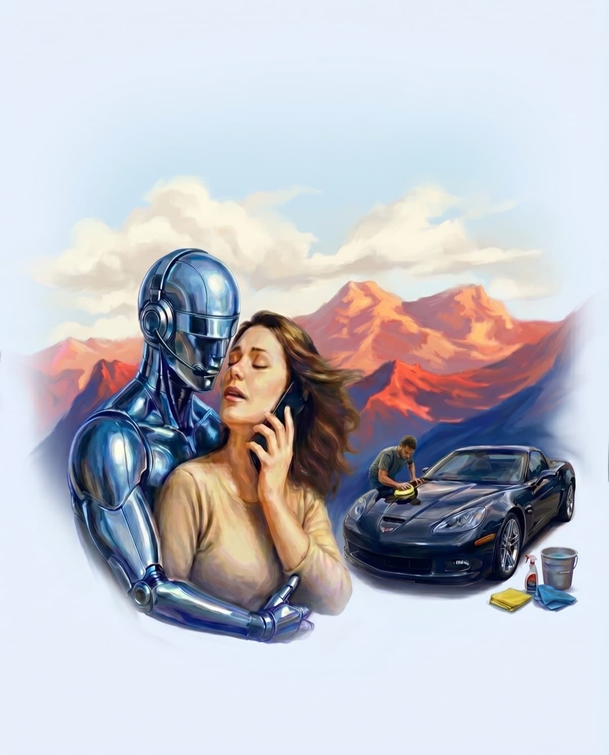 Retro illustration: the DetailFront robot takes a customer's call while the shop owner stays on the car